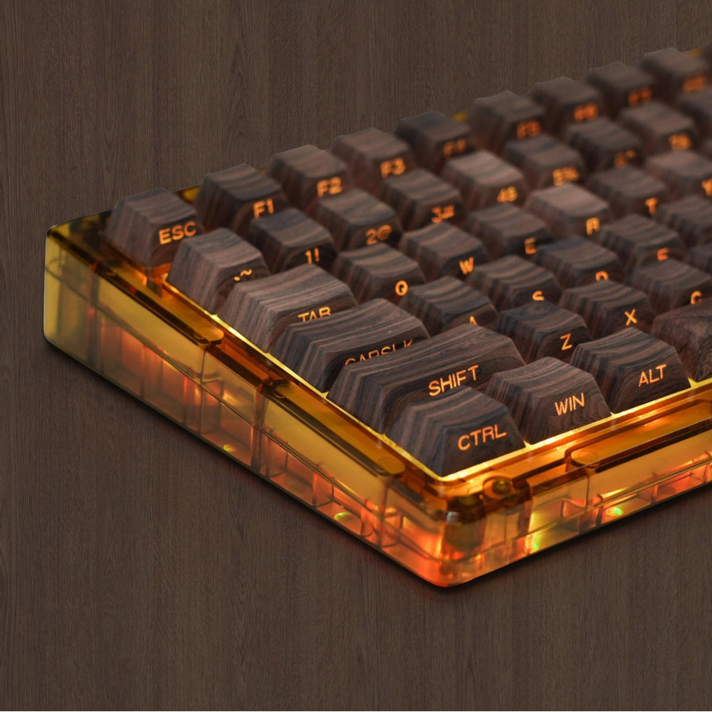 Cherry PBT Keycaps with Walnut Wood Texture and Side Backlit Feature