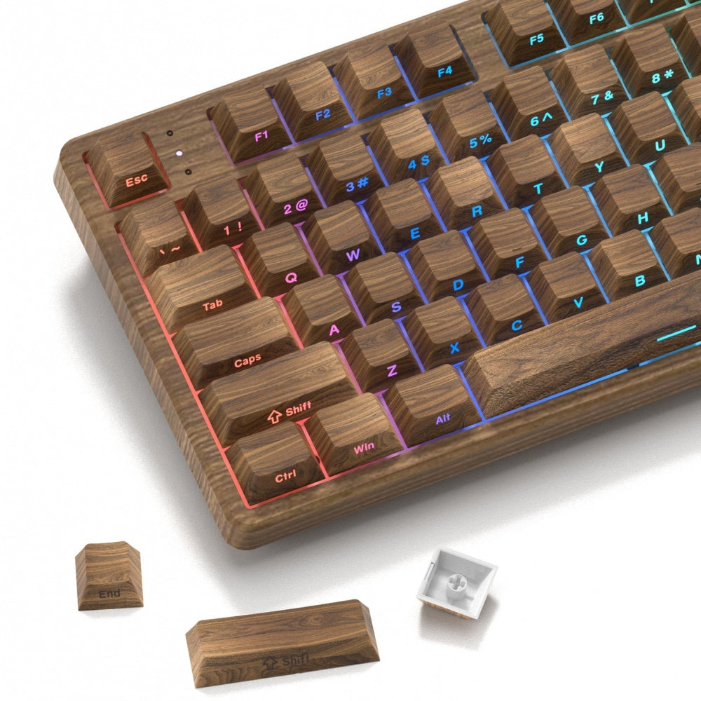 Cherry PBT Keycaps with Walnut Wood Texture and Side Backlit Feature